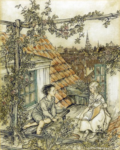 La Reine des neiges - Kay ja Gerda puutarhassaan korkealla katolla. Kuvitus tarinaan Lumikuningatar par Rackham, Arthur (1867-1939) tekijältä Arthur Rackham