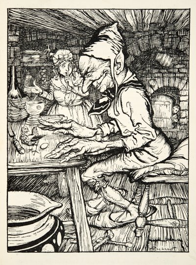 Lay!, karjui jättiläinen ja sitten kana muni heti kultaisen munan, The Arthur Rackham Fairy Book, pubista. 1933 tekijältä Arthur Rackham