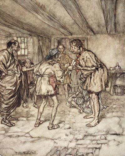 Anna minunkin soittaa leijonaa, kuvitus William Shakespearen teoksesta "Kesäyön unelma", 1908 tekijältä Arthur Rackham