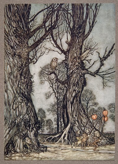 Edessä juoksevat linkkiläiset kantaen talvikirsikoita, Peter Panin Kensington Gardensista kirjoittanut J M Barrie (1860 - 1937), pubi. 1906 tekijältä Arthur Rackham