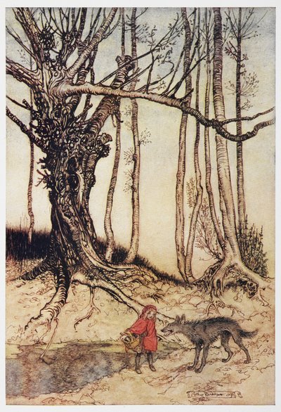 Punahilkka ja susi metsässä. tekijältä Arthur Rackham