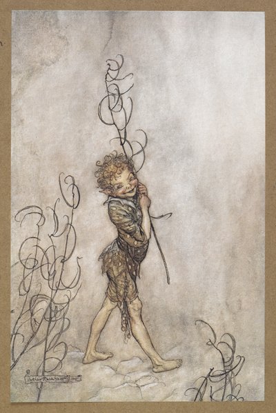 "Herra, mitä typeriä nämä kuolevaiset ovat!" Kiekko. Kohtaus Kesäyön unelmasta. tekijältä Arthur Rackham