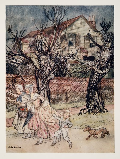 Ihmeellisiä tarinoita kummittelevista pelloista, kummittelevista puroista ja kummittelevista taloista, Washngton Irvingin (1783 - 1859) The Legend of Sleepy Hollow -teoksesta, kust. 1928 tekijältä Arthur Rackham