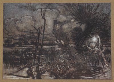 "Johtaako yövaeltajia harhaan, nauraen heidän vahingolleen?" Kohtaus Kesäyön unelmasta. tekijältä Arthur Rackham