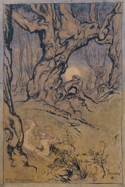 Moonlight Fairies in a Wood (kynä ja muste, wc ja guassi) tekijältä Arthur Rackham