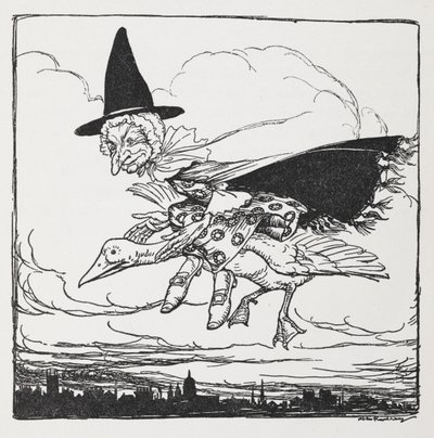 Mother Goose lentää hanhen päällä. tekijältä Arthur Rackham