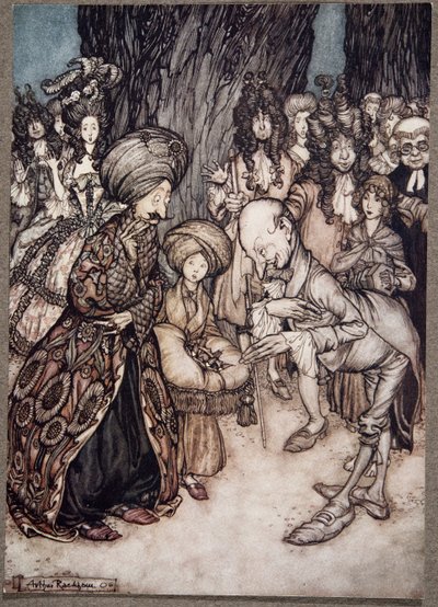 Herra Duke, sanoi lääkäri innostuneesti, minulla on kunnia ilmoittaa ylhäisyydellenne, että armonne on rakastunut..., kirjoittanut Peter Pan Kensington Gardensista, kirjoittanut J M Barrie (1860 - 1937), pub. 1906 (väri tekijältä Arthur Rackham