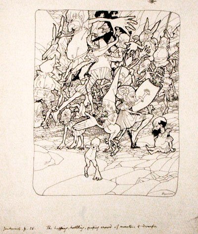 "Kukaan ei saanut oikeita raajojaan kiinnitettynä häneen", esimerkki S.J.:n teoksesta "The Zankiwank ja Bletherwitch". Adair Fitzgerald, julkaistu 1896 (kynä ja muste paperille) tekijältä Arthur Rackham