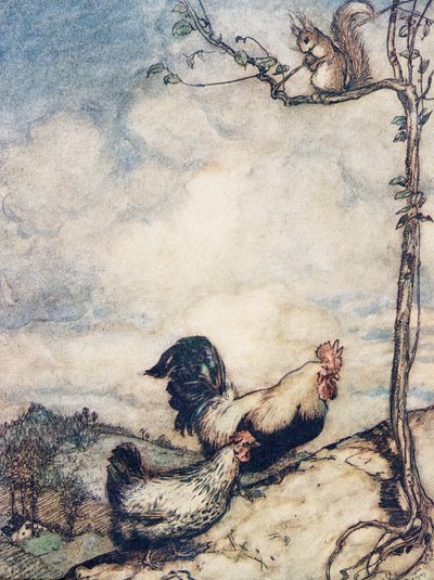Nyt menemme kukkulalle ja pidämme kunnon juhlat ennen kuin orava vie kaikki pähkinät .., Grimmin veljesten saduista, pub. 1909 tekijältä Arthur Rackham