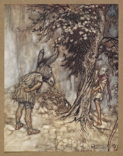 "Oi pohja, sinä olet muuttunut." Kohtaus Kesäyön unelmasta. tekijältä Arthur Rackham