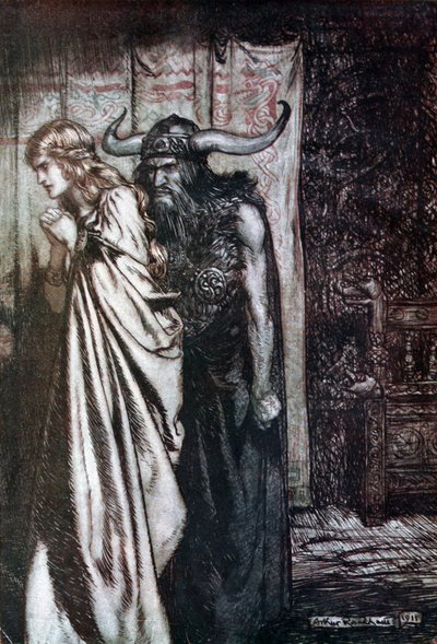 Oi vaimo petti Minä kostan he luottavat petetty! Kuvitus Siegfriedille ja Twilight of t tekijältä Arthur Rackham