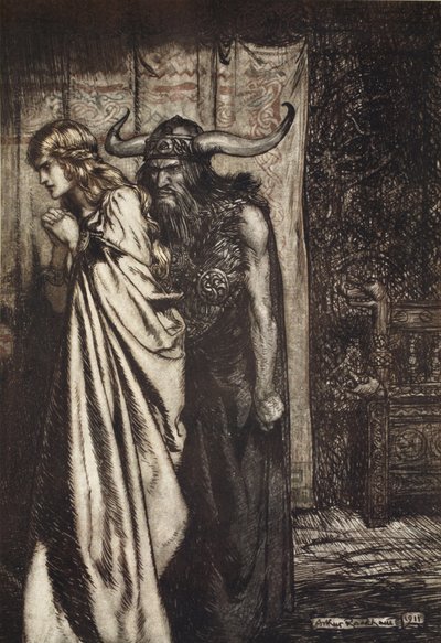 "Oi vaimo petti, minä kostan, että he luottavat petettyyn!", esimerkki teoksesta "Siegfried ja jumalien hämärä" tekijältä Arthur Rackham