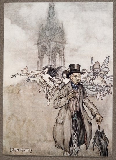 Old Mr Salford oli rapu-omena vanhasta herrasta, joka vaelsi koko päivän Gardensissa, Peter Panin Kensington Gardensista, kirjoittanut J M Barrie (1860 - 1937), pubi. 1906 tekijältä Arthur Rackham