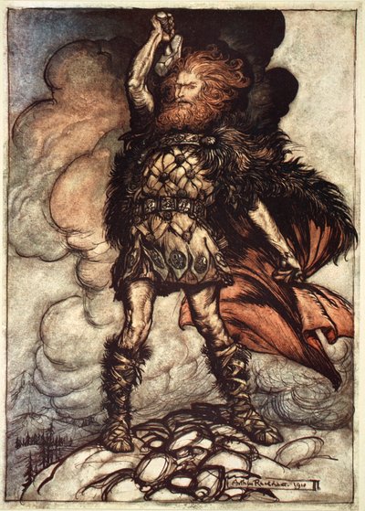 "Yksi jumalista, Donner, kutsuu sumun pois", 1910. tekijältä Arthur Rackham