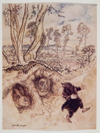 Sipuli-kastike! Sipuli-kastike! hän huomautti nauraen ja oli poissa ennen kuin he ehtivät keksiä vastausta Kenneth Grahamen (1859 - 1932) pubista Wind in the Willows. 1940 tekijältä Arthur Rackham