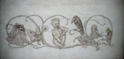 Peter Pan, kuvitus teoksesta "Peter Pan in Kensington Gardens, London", julkaistu 1906 (kynä ja muste ja akvarelli paperille) tekijältä Arthur Rackham