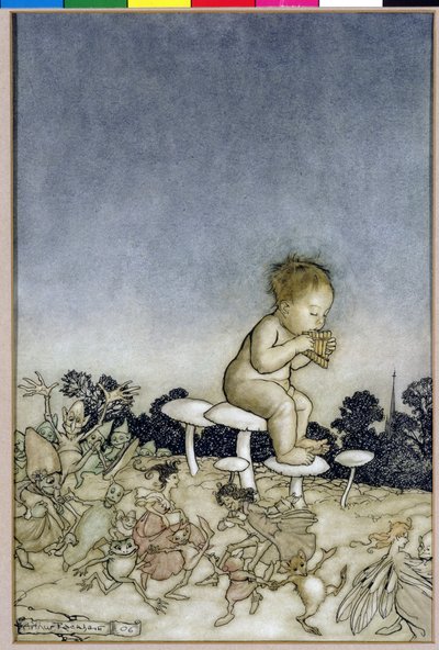 Peter Pan on Fairies Orchestra, kuvitus Peter Panista Kensington Gardensissa, kirjoittanut J.M. Barrie, 1806 (kynä ja muste & wc paperilla) tekijältä Arthur Rackham