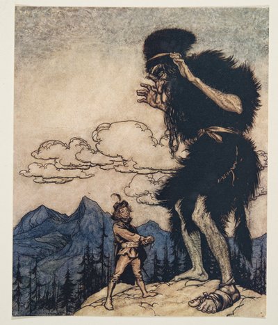 Hän veti pehmeän juustopalan taskustaan ja puristi sitä, kunnes kosteus valui pois ..teoksesta Grimmin veljesten sadut, pub. 1909 tekijältä Arthur Rackham