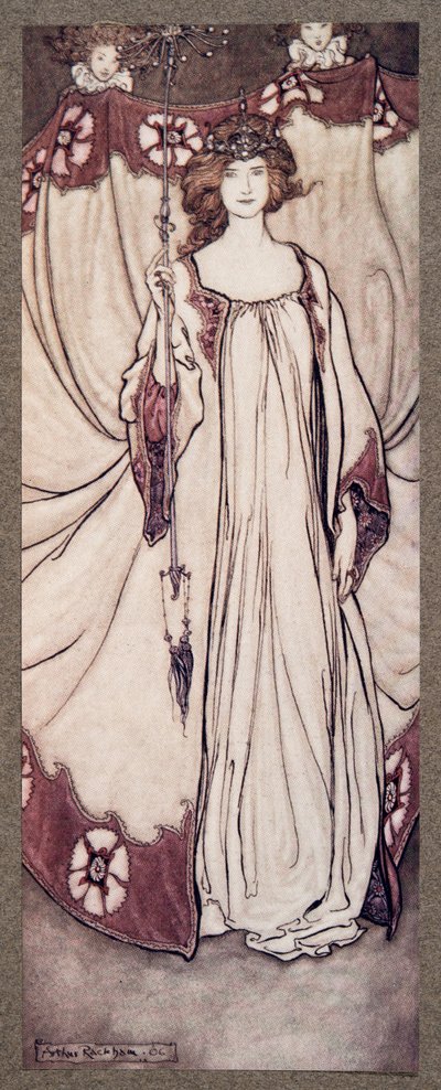 Queen Mab, joka hallitsee puutarhoja .., Peter Panin Kensington Gardensissa kirjoittaja J M Barrie (1860 - 1937), pub. 1906 tekijältä Arthur Rackham