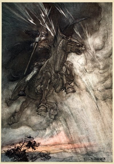 Raivoissaan, Wotan Rides to the Rock! Hän tulee kuin myrskytuuli!", 1910. tekijältä Arthur Rackham