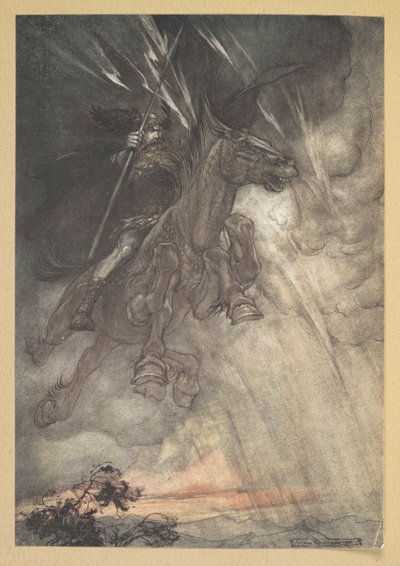 "Raivoissaan, Wotan ratsastaa kalliolle! Hän tulee kuin myrskytuuli!" tekijältä Arthur Rackham