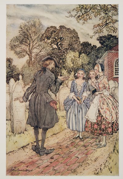 Reciting for their amusement all the Epitaphs on the Tombstones.., kirjasta The Legend of Sleepy Hollow, kirjoittanut Washngton Irving (1783 - 1859), pub. 1928 tekijältä Arthur Rackham