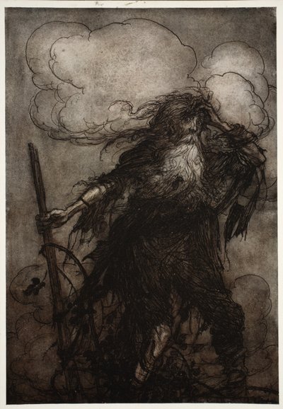 Rip herää. Vaikka hän, en ole varmasti nukkunut täällä koko yötä? Tuo lippu! Tuo ilkeä lippa! Minkä tekosyyn voin esittää Dame Van Winklelle? Kirjailija: Rip Van Winkle Washington Irving, pub. 1910 tekijältä Arthur Rackham