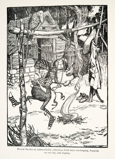 Nuotion ympärillä hyppi sanoinkuvaamattoman naurettava pikkumies, hyppi yhdellä jalalla ja lauloi Grimmin veljesten saduista, pub. 1909 tekijältä Arthur Rackham