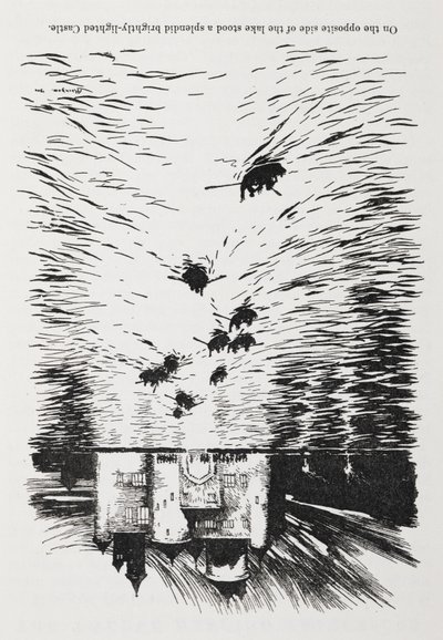Soutuveneet joella lähestymässä linnaa yöllä. tekijältä Arthur Rackham