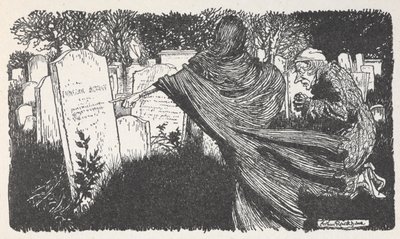 Scrooge ja aave hautausmaalla yöllä. tekijältä Arthur Rackham