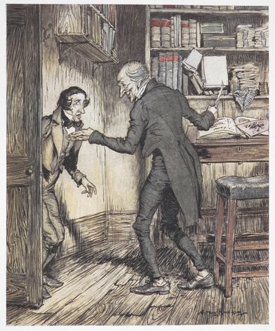 Scrooge kirjoittaa toimistossaan toisen miehen astuessa sisään tekijältä Arthur Rackham