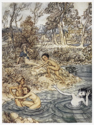 "Hän kohtasi koko parven pieniä lapsia". Värikuvitus tarinaan "pieni merenneito". tekijältä Arthur Rackham