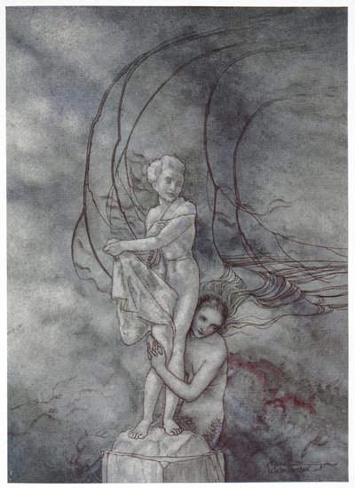 "Hän kietoi kätensä marmorihahmon ympärille, joka oli niin kuin prinssi." Kuvitus tarinalle "pieni merenneito". tekijältä Arthur Rackham