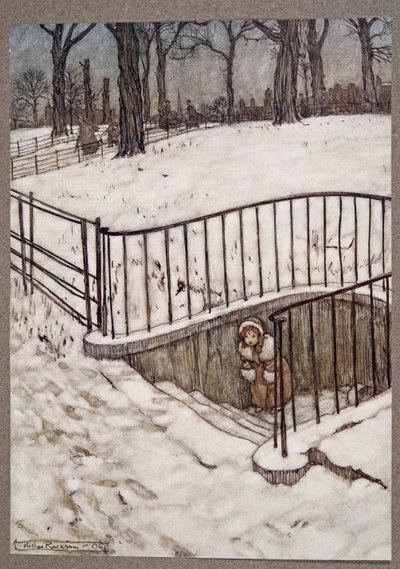 Hän juoksi St Goversiin hyvin ja piiloutui .. Peter Panilta Kensington Gardensissa, kirjoittanut J M Barrie (1860 - 1937), pubi. 1906 tekijältä Arthur Rackham