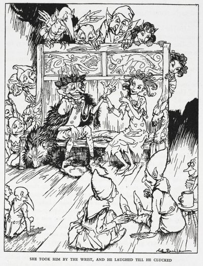 "Hän otti häntä ranteesta, ja hän nauroi, kunnes napsahti." Haltianeitoja ja peikkoja. Kuvitus "haltiakukkulalle". tekijältä Arthur Rackham