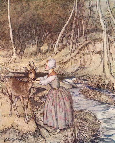 Hän riisui kultaisen sukkanauhansa ja laittoi sen Roe Buckin kaulan ympärille. Arthur Rackhamin kuvitus Grimmin sadusta, pikkuveli ja pikkusisar, julkaistu 1800-luvun lopulla. tekijältä Arthur Rackham