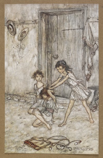 Hän oli viksu, kun hän meni kouluun." Kohtaus Kesäyön unelmasta. tekijältä Arthur Rackham