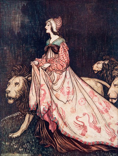 Hän lähti pois leijonien saattelemana, Grimmin veljesten saduista, pub. 1909 tekijältä Arthur Rackham