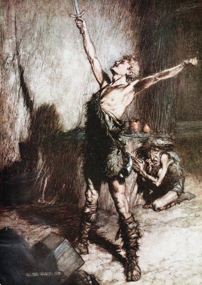 Siegfried takoo miekkansa. Kuvitus Richard Wagin Siegfriedille ja The Twilight of the Gods tekijältä Arthur Rackham
