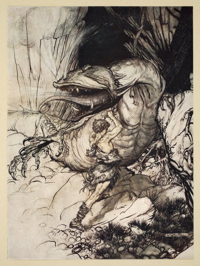 Siegfried tappaa Fafnerin, kuvitus teoksesta 