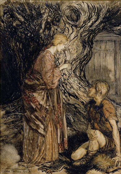 Siegmund ja Sieglinde, Kuvitus Rhinegoldista ja Valkyriestä Richard Wagner, Heinemann, 1910 (kynä ja muste wc:llä paperilla) tekijältä Arthur Rackham