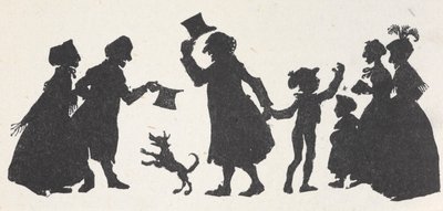 Silhueta de um menino e um homem cumprimentando as pessoas no caminho da igreja para casa tekijältä Arthur Rackham