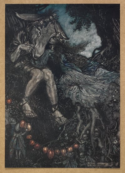 Nuku sinä, niin minä tuulen sinua käsivarsillani. Pohja ja Titania. Kohtaus Kesäyön unelmasta. tekijältä Arthur Rackham