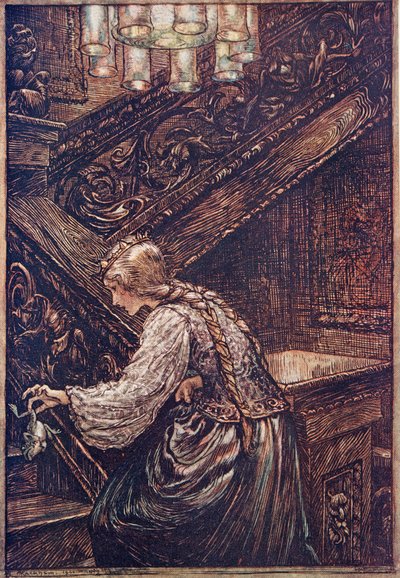 Niin hän tarttui häneen kahdella sormella ja kantoi hänet yläkertaan .., Grimmin veljesten saduista, pub. 1909 tekijältä Arthur Rackham
