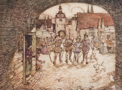 Niin neljä veljestä otti kepit käteensä, hyvästeli isänsä ja poistui kaupungin portista, Grimmin veljesten saduista, pub. 1909 tekijältä Arthur Rackham
