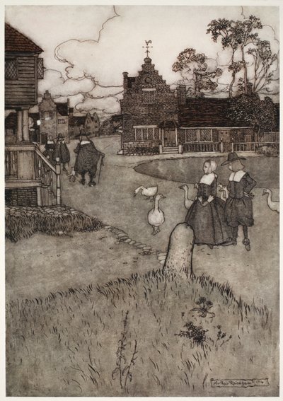 Jotkut alkuperäisten uudisasukkaiden taloista. Rip Van Winkle, Washington Irving, pubi. 1910 tekijältä Arthur Rackham
