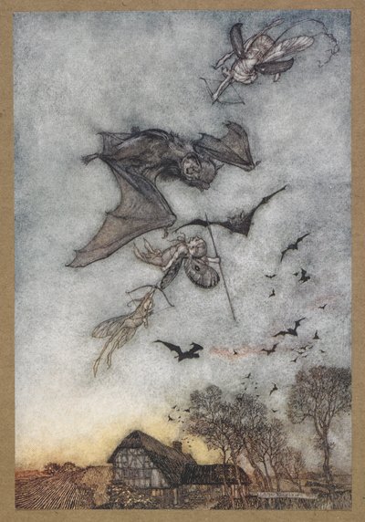 Jotain sotaa verehiirien kanssa niiden nahkaisten siipien vuoksi. Kohtaus Kesäyön unelmasta. tekijältä Arthur Rackham