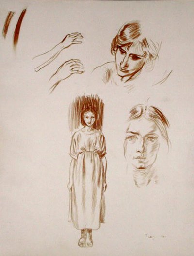 Tutkimuksia naisesta, kasvoista ja käsistä (sangviini paperilla) tekijältä Arthur Rackham