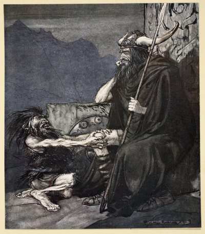 "Vanno minulle, Hagen, poikani!", kuvitus teoksesta "Siegfried and the Twilight of the Gods", 1924 tekijältä Arthur Rackham