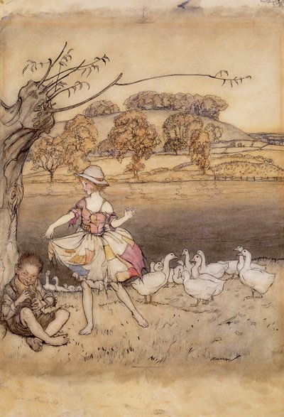 Tattercoats tanssimassa hanhipaimenen piippujen aikana, kuvitus Englannin saduista, F.A. Steelin uudelleen kertoma, julkaistu 1918 (kynä ja muste & wc paperilla) tekijältä Arthur Rackham